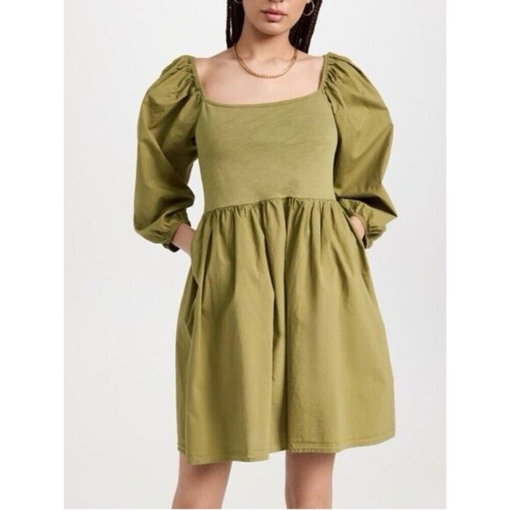Nation LTD Heddie Combo Babydoll Dress Lichen Olive Green Pockets Size Small